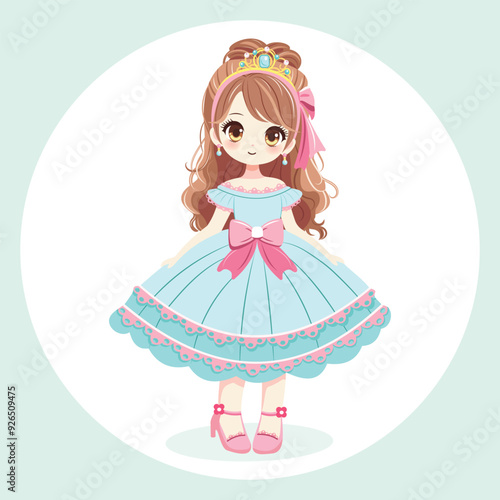 Cute princess with beautiful eyes in a blue dress and a crown. Vector illustration in flat cartoon style