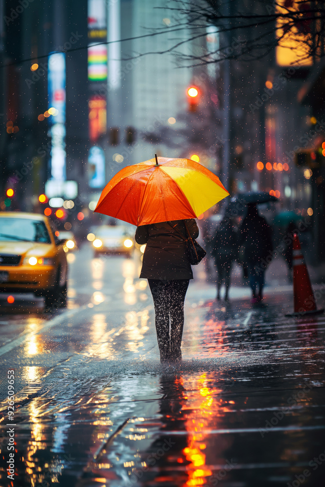 Person walking in the rain with a bright umbrella, splashing through puddles on a wet sidewalk in a busy urban setting. Person walking in the rain with a bright umbrella, splashing through puddles on a wet sidewalk in a busy urban setting.