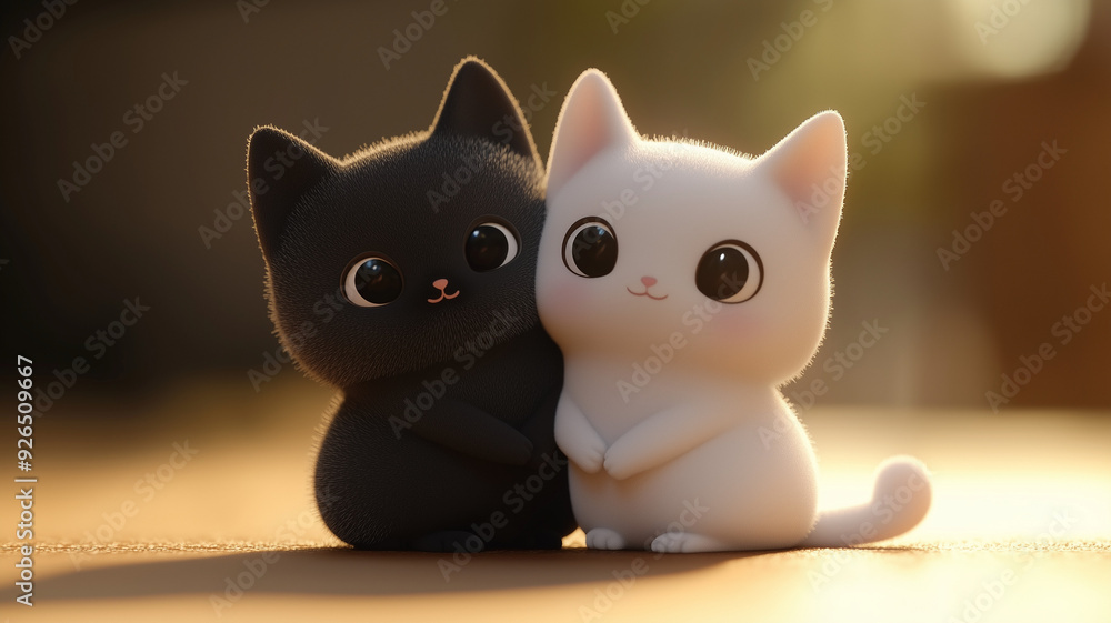 Fototapeta premium The image features two adorable, cartoon-like kittens, one black and one white, sitting close together with wide, expressive eyes.