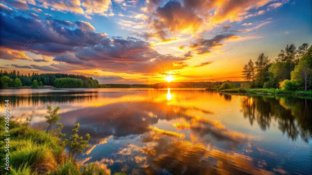 Beautiful sunset casting a warm glow over a tranquil lake , sunset, lake, water, reflection, dusk, evening, nature, horizon Beautiful sunset casting a warm glow over a tranquil lake , sunset, lake, water, reflection, dusk, evening, nature, horizon