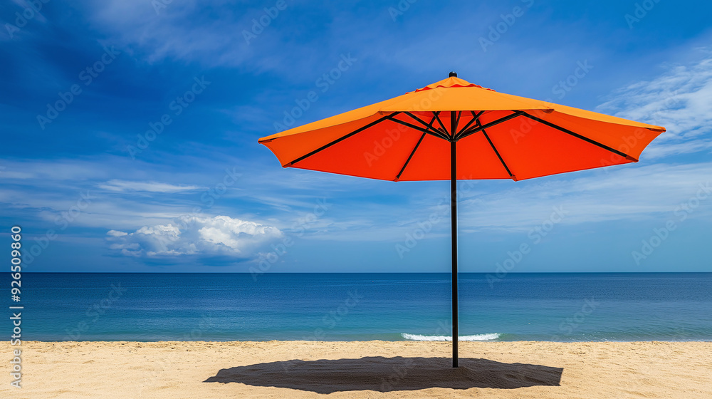A vibrant stock photo of a beach umbrella set up on a sandy beach. The umbrella is open, providing shade, with the ocean and sky in the background. A vibrant stock photo of a beach umbrella set up on a sandy beach. The umbrella is open, providing shade, with the ocean and sky in the background.