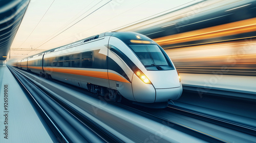 A dynamic stock photo of a sleek, modern train speeding along a track. The train is shown in motion, with a blur effect to convey speed and efficiency.