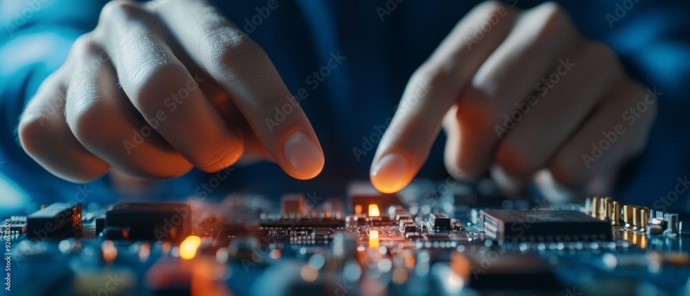 Precision Engineering: Close-Up of Programmer's Hands Coding Microcontroller with Resistors and Sensors - Automation and Software Development Concept Precision Engineering: Close-Up of Programmer's Hands Coding Microcontroller with Resistors and Sensors - Automation and Software Development Concept