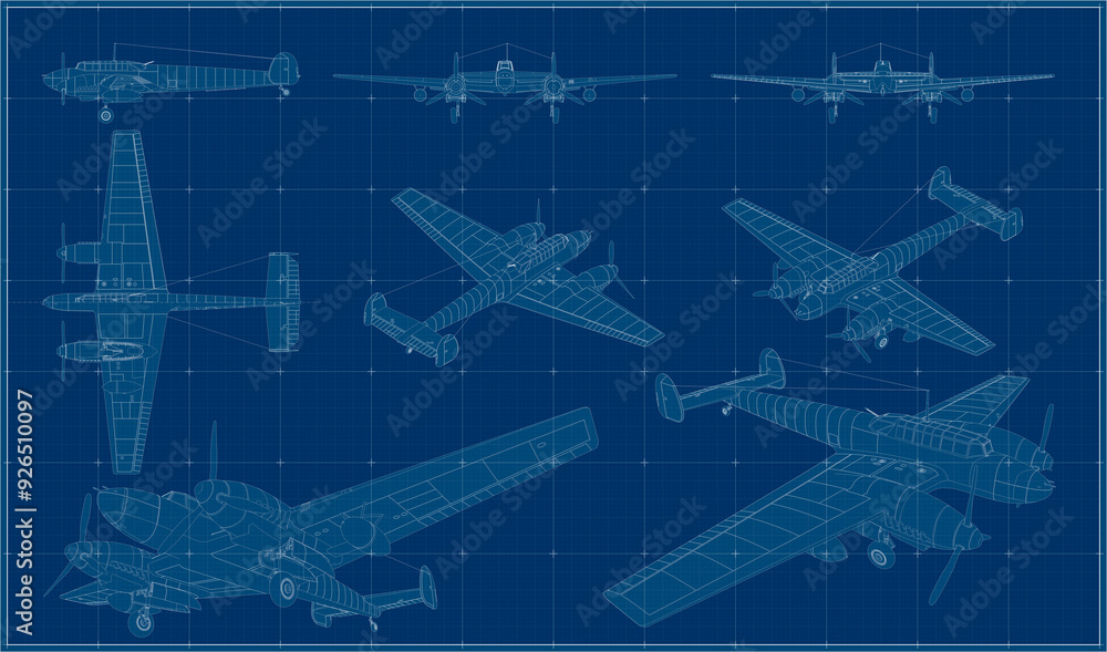 Twin-engine heavy fighter in German service during World War II. German fighter-bomber. Blueprint. Projection drawing. Twin-engine heavy fighter in German service during World War II. German fighter-bomber. Blueprint. Projection drawing.