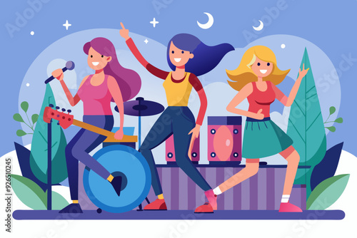Three girlfriends are riding to a gig. Vector illustration
