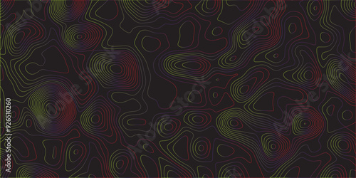 Abstract white on black background with Topographic line map pattern. abstract wavy and red lines background. linear map. Dark seamless design. Bold tile able isolines pattern. Vector illustration.