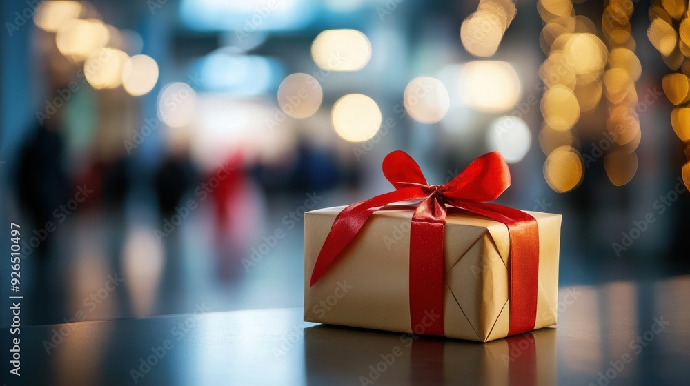 Christmas gift box wrapped in brown paper with red ribbon at mall Christmas gift box wrapped in brown paper with red ribbon at mall