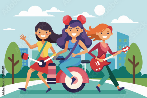 Three girlfriends are riding to a gig. Vector illustration

