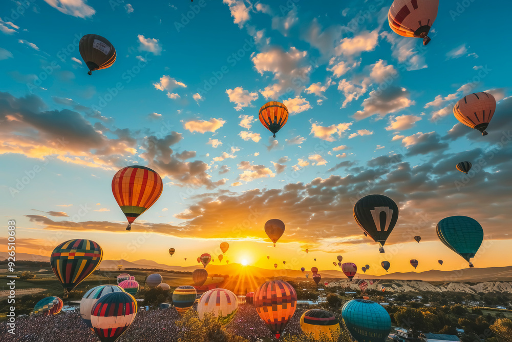 Fototapeta premium Balloon festival with a sky full of colorful balloons. Bright and festive atmosphere with blue sky and fluffy clouds. Balloons of different shapes and patterns create a lively scene.
