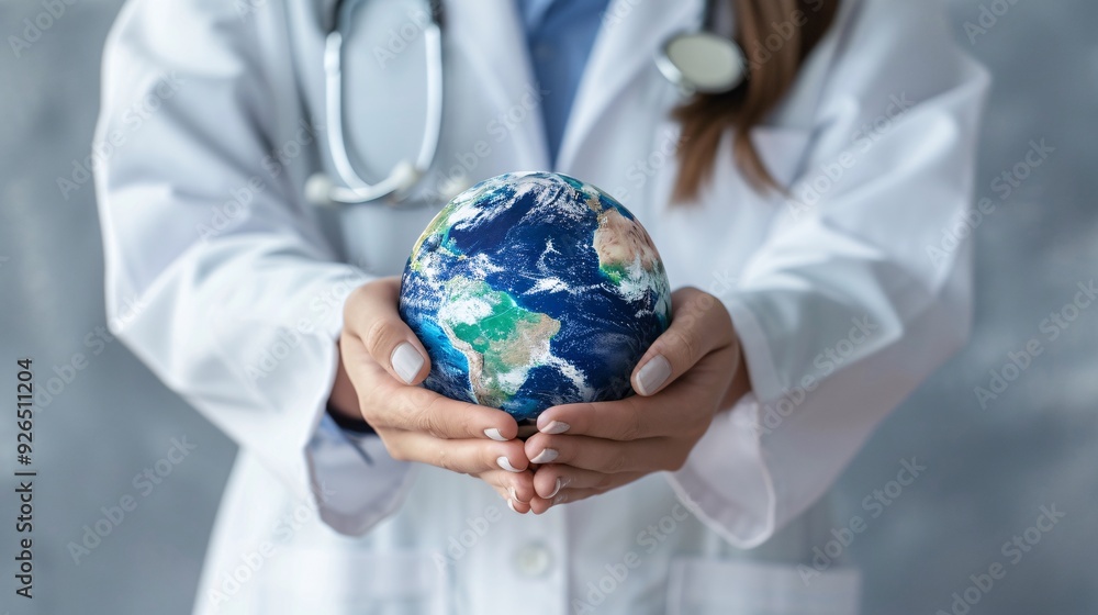 female doctor with globe Earth in hands, celebrating Earth Day, modern artistic style female doctor with globe Earth in hands, celebrating Earth Day, modern artistic style