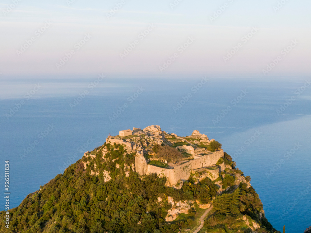 Aerial view of a Byzantine Angelokastro castle on the island of Corfu