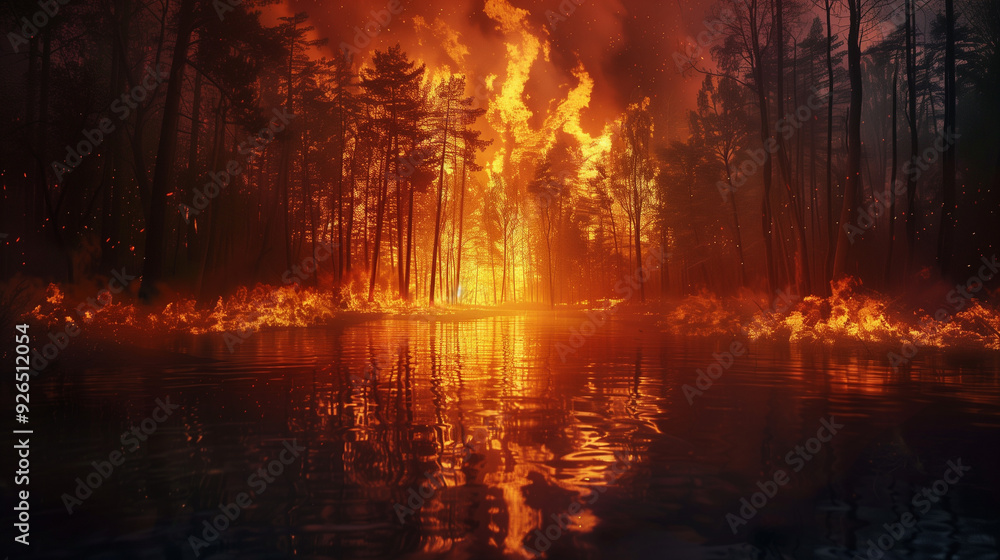 A nightmarish vision of a forest fire, with flames consuming the trees and reflecting off a winding river. A nightmarish vision of a forest fire, with flames consuming the trees and reflecting off a winding river.