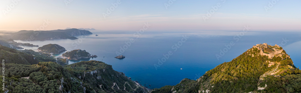 Aerial panorama of Angelokastro castle and the bay of Palaiokastritsa on the island of Corfu