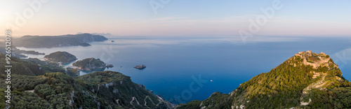 Obraz na płótnie Aerial panorama of Angelokastro castle and the bay of Palaiokastritsa on the island of Corfu w salonie