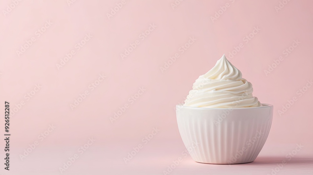 A white bowl filled with creamy yogurt isolated on a solid pastel background, with space for text on the side. A white bowl filled with creamy yogurt isolated on a solid pastel background, with space for text on the side.