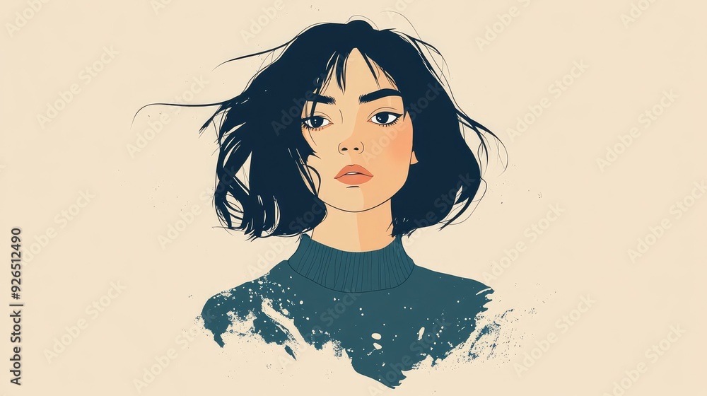 Hand drawn doodle of a female character looking curious, flat vector style, minimalistic, petrol details. Hand drawn doodle of a female character looking curious, flat vector style, minimalistic, petrol details.