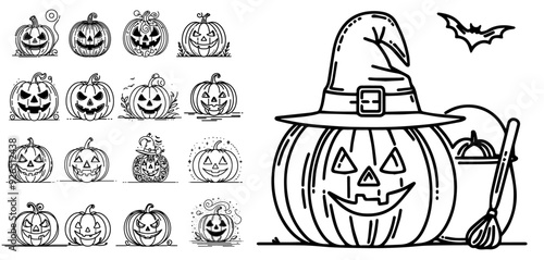 collection of halloween pumpkins in black line art vector