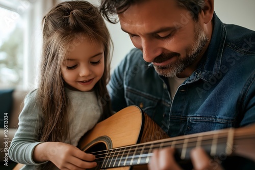 A father and daughter enjoying a guitar jam session together. Kids learning from their parents can master an instrument