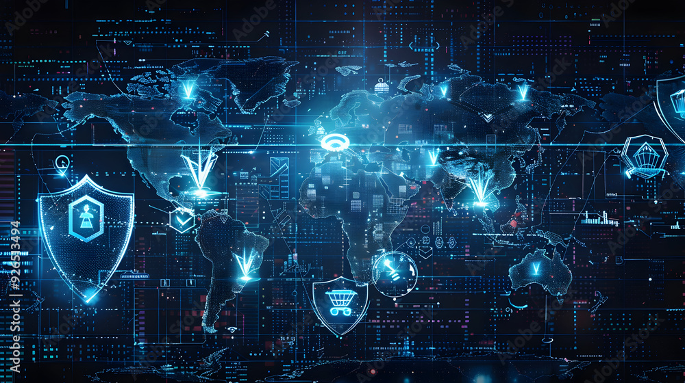 Digital World Map Illustration with Security Icons and Data Visualization Digital World Map Illustration with Security Icons and Data Visualization