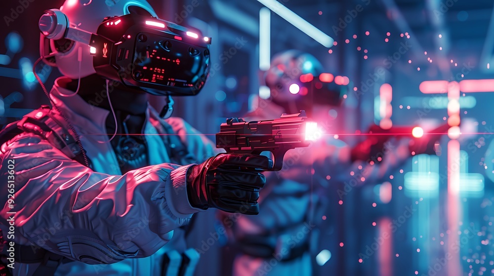 A futuristic gaming arena where players use AI-enhanced VR headsets to engage in an interactive battle, with dynamic holographic visuals and immersive effects. Created Using: advanced VR technology, A futuristic gaming arena where players use AI-enhanced VR headsets to engage in an interactive battle, with dynamic holographic visuals and immersive effects. Created Using: advanced VR technology,