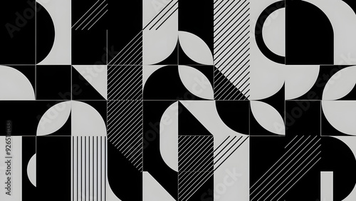Monochrome Geometric Harmony: A captivating pattern of black, white, and gray shapes creates a visually striking design. 