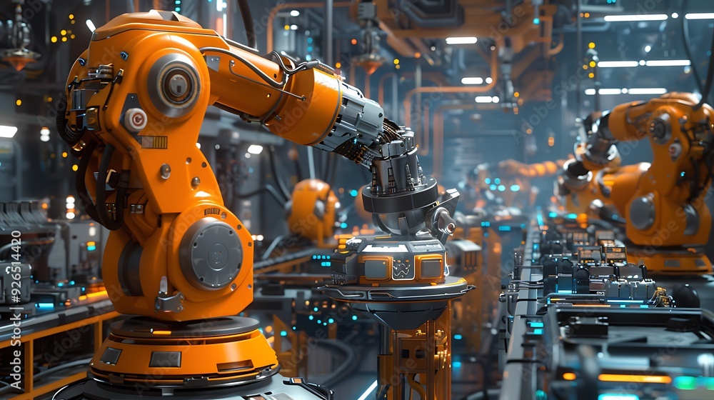 A futuristic manufacturing facility with AI systems coordinating robotic assembly lines, featuring real-time quality control and efficiency analysis. Created Using: advanced robotics, A futuristic manufacturing facility with AI systems coordinating robotic assembly lines, featuring real-time quality control and efficiency analysis. Created Using: advanced robotics,