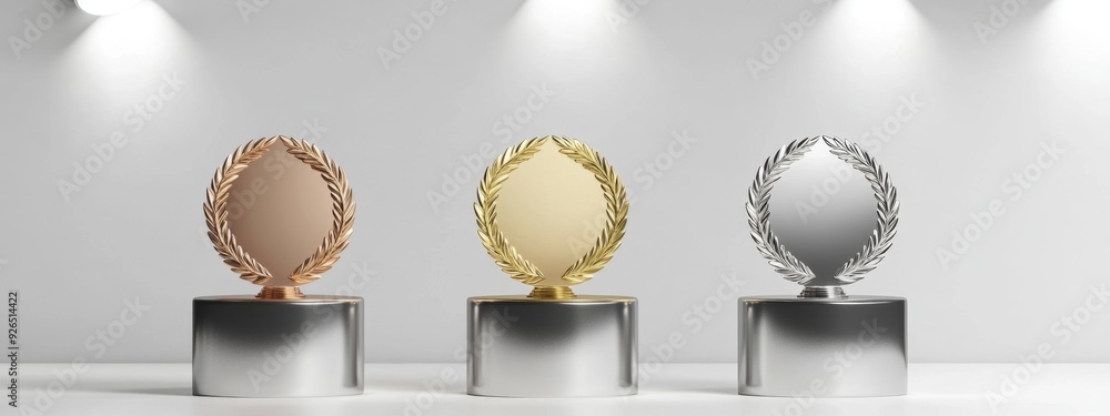 Elegant Award Ceremony Podium Design: Shiny Gold, Silver, and Bronze Platforms with Laurel Wreaths. Minimalist Abstract Concept on White Background for Marketing, Web Posters, and Dreamy 4K Wallpapers Elegant Award Ceremony Podium Design: Shiny Gold, Silver, and Bronze Platforms with Laurel Wreaths. Minimalist Abstract Concept on White Background for Marketing, Web Posters, and Dreamy 4K Wallpapers
