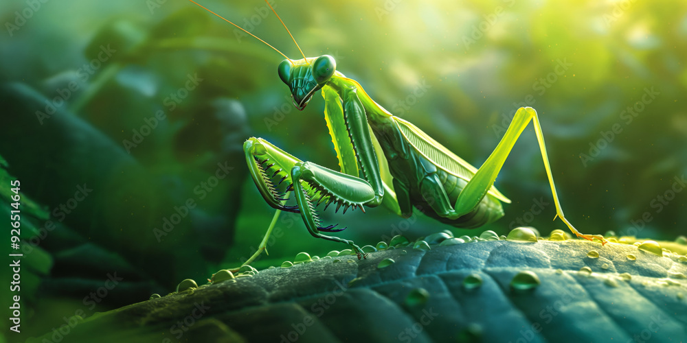 Close-up of a vibrant green praying mantis perched on a leaf, with detailed textures of its body and surroundings captured in sharp focus. Close-up of a vibrant green praying mantis perched on a leaf, with detailed textures of its body and surroundings captured in sharp focus.