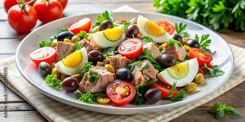 Freshly composed classic French Nicoise salad with tuna, hard-boiled eggs, cherry tomatoes, and niçoise olives, garnished with parsley on a white plate. photo