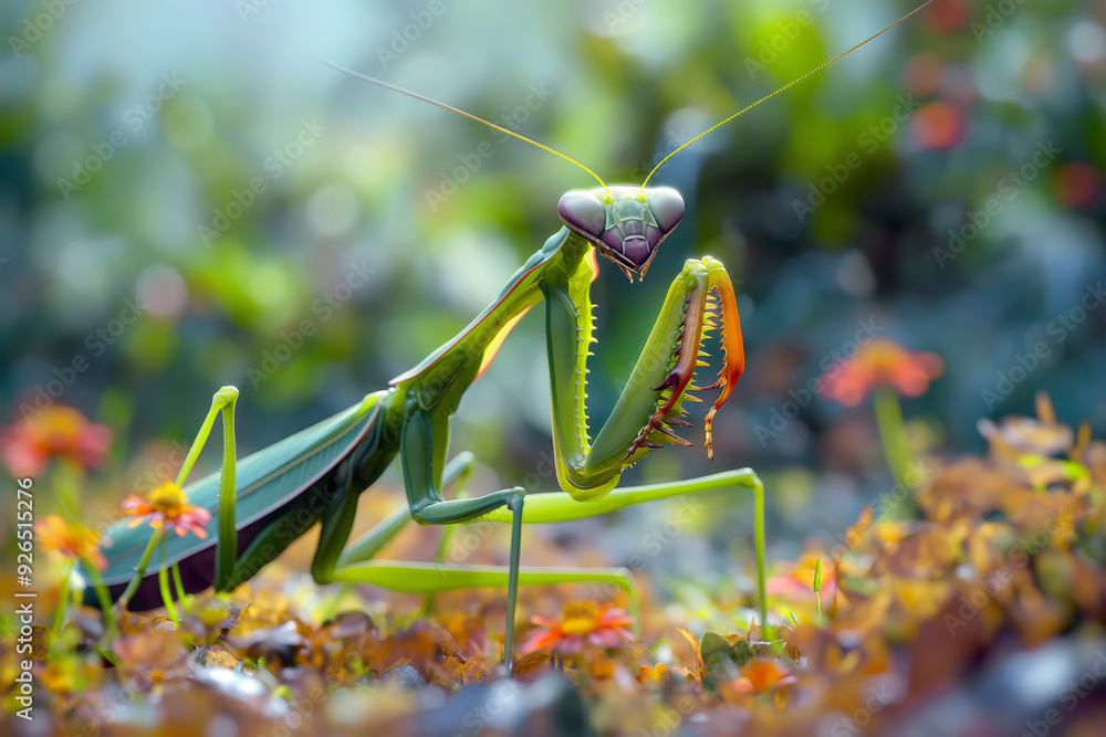 Praying mantis capturing prey, displaying its powerful and swift hunting skills in a dynamic outdoor scene with detailed vegetation. Praying mantis capturing prey, displaying its powerful and swift hunting skills in a dynamic outdoor scene with detailed vegetation.
