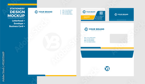 Elegant corporate stationery design, corporate trademark identity design. Letterhead, envelope and business card mockup design