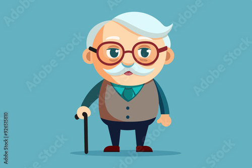 Grandfather wearing glasses. An elderly man with a cane in his hands. Vector illustration in cartoon style
