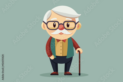 Grandfather wearing glasses. An elderly man with a cane in his hands. Vector illustration in cartoon style
