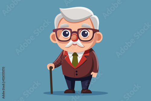 Grandfather wearing glasses. An elderly man with a cane in his hands. Vector illustration in cartoon style
