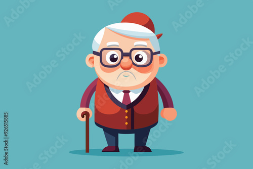 Grandfather wearing glasses. An elderly man with a cane in his hands. Vector illustration in cartoon style
