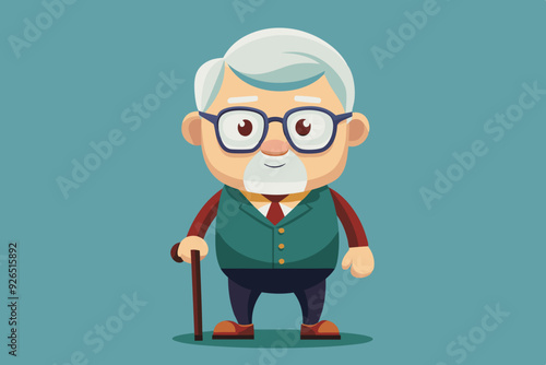 Grandfather wearing glasses. An elderly man with a cane in his hands. Vector illustration in cartoon style
