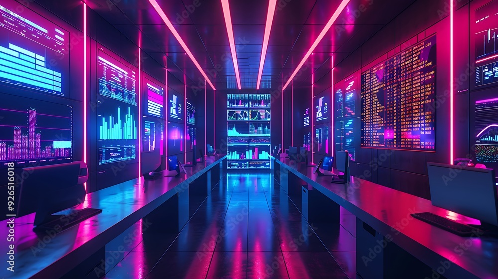 A sleek financial office with AI systems analyzing stock market data, featuring holographic displays of financial charts and predictive algorithms. Created Using: advanced financial technology, A sleek financial office with AI systems analyzing stock market data, featuring holographic displays of financial charts and predictive algorithms. Created Using: advanced financial technology,