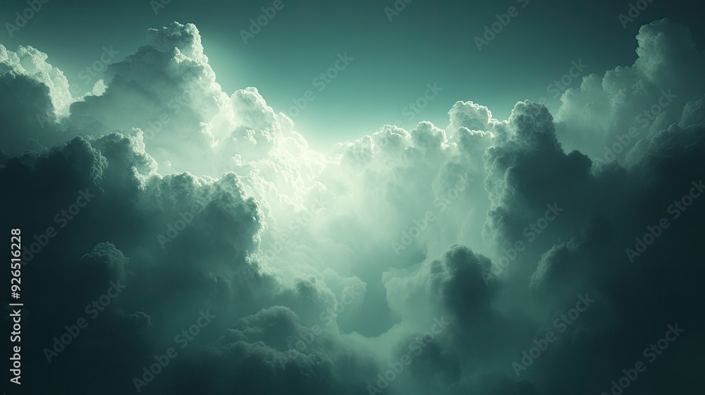 Naklejka premium Clouds glowing with soft, ethereal light against a dark, brooding sky, representing hope in the midst of uncertainty