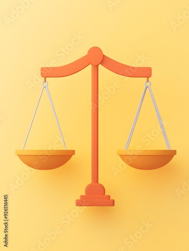 A 3D rendering of a scale, symbolizing justice, balance, and equality.  The scale is orange against a yellow background. photo