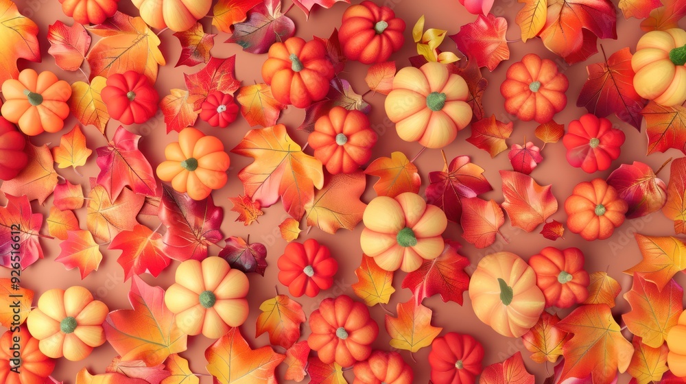 A colorful pattern of pumpkins and autumn leaves, perfect for Halloween. A colorful pattern of pumpkins and autumn leaves, perfect for Halloween.