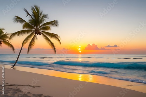 Pristine white-sand beach with crystal-clear turquoise waters, palm trees, and a warm sunset.