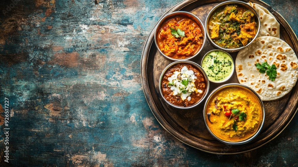 Top view of a thali (traditional Indian plate) filled with various dishes, set against a rustic background with space for text Top view of a thali (traditional Indian plate) filled with various dishes, set against a rustic background with space for text