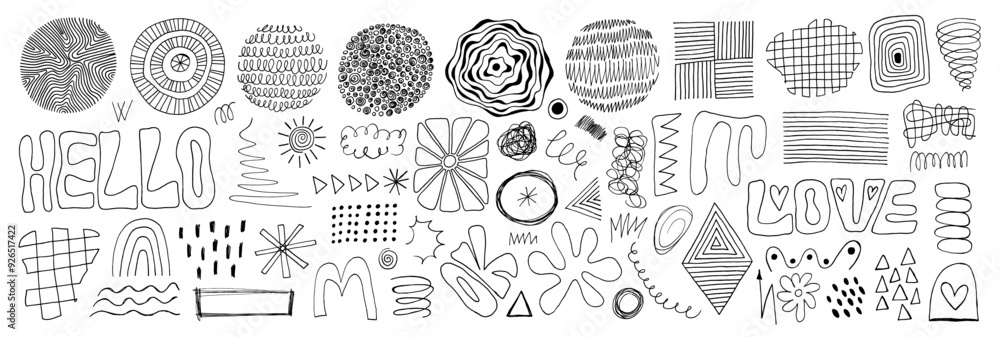 Hand-drawn abstract doodles and shapes on white background. Hand-drawn abstract doodles and shapes on white background.