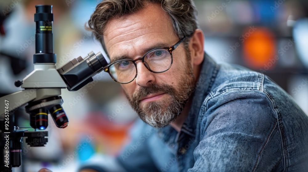 Scientist examining samples through a microscope in a laboratory during the day Scientist examining samples through a microscope in a laboratory during the day