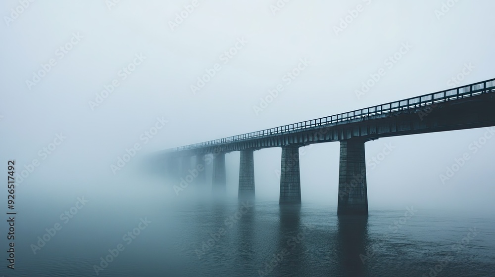 A bridge stretches over a river, enveloped in thick fog, with only parts of the structure visible, evoking a sense of mystery and stillness. A bridge stretches over a river, enveloped in thick fog, with only parts of the structure visible, evoking a sense of mystery and stillness.