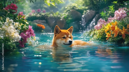 Joyful Shiba Inu paddles through an azure pond, surrounded by lush greenery and colorful flowers, under summer light.