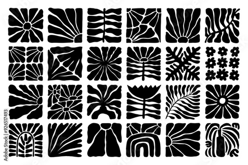 Black and white abstract floral patterns in Matisse style on white background