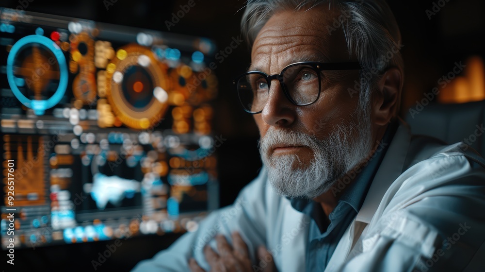 Senior scientist analyzing data on advanced technology in a dimly lit laboratory during nighttime Senior scientist analyzing data on advanced technology in a dimly lit laboratory during nighttime