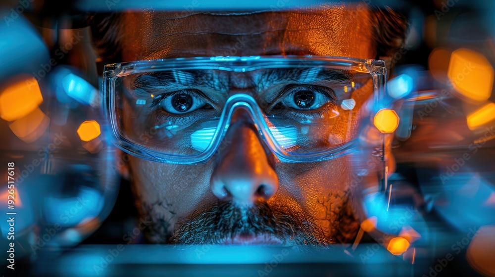 custom made wallpaper toronto digitalScientist working in a lab with safety goggles, focusing on research with colorful lighting effects in a high-tech environment at night