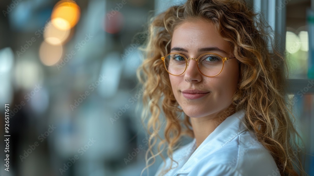 Young woman with curly hair and glasses smiling warmly indoors in a modern environment during daytime Young woman with curly hair and glasses smiling warmly indoors in a modern environment during daytime